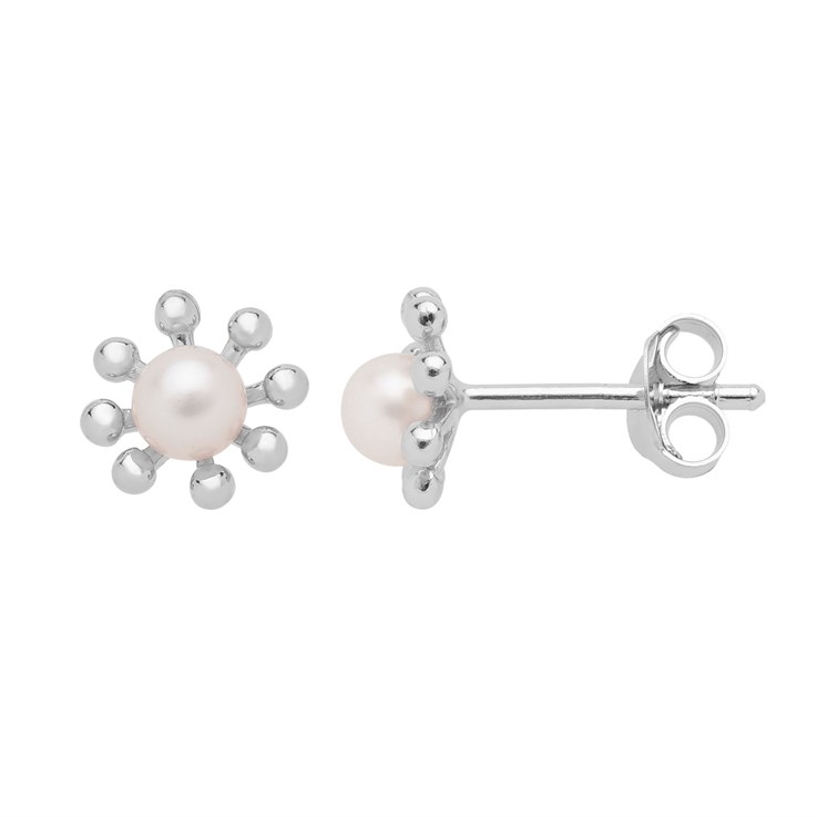 8 Petal Flower Earstuds with FWP Pearl Including Scrolls Sterling Silver