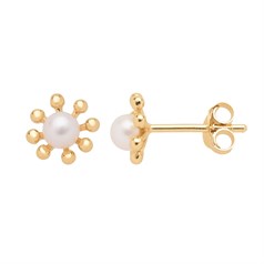 8 Petal Flower Earstuds with FWP Pearl Including Scrolls Gold Plated Sterling Silver Vermeil