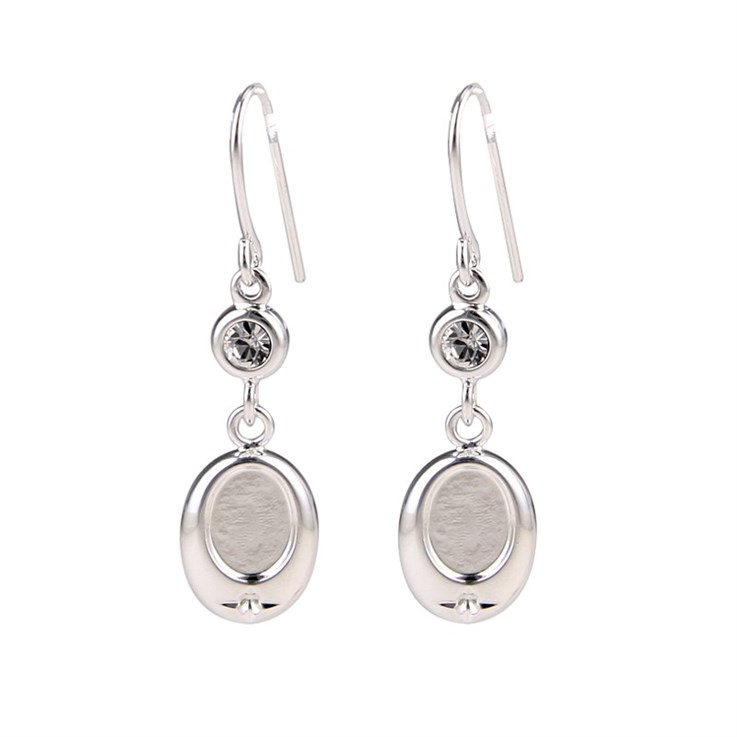 Offset Oval Earwire Dropper with 4mm Glass Crystal and 8x6mm Cup for Cabochon Silver Plated