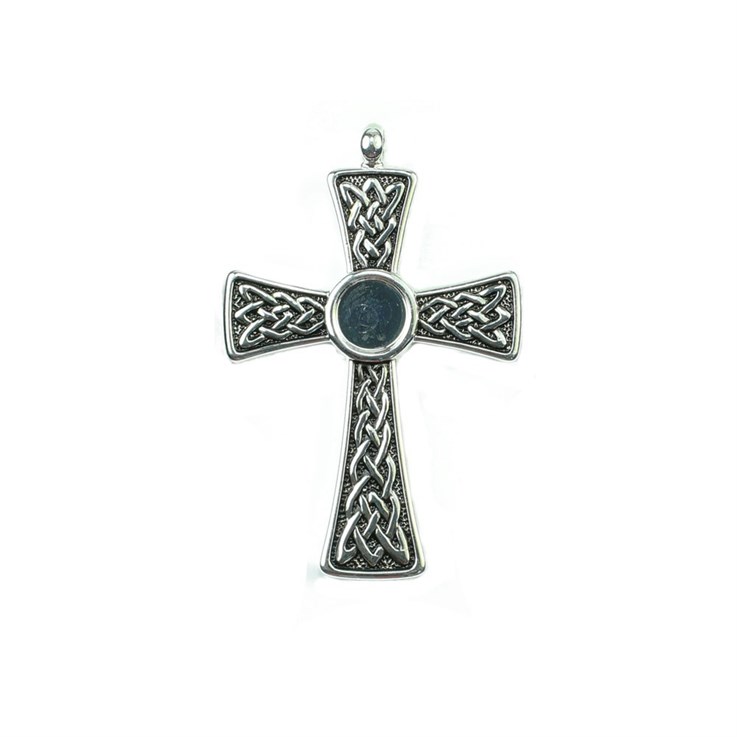 Cross Pendant with 8mm Indent for Cabochon Silver Plated
