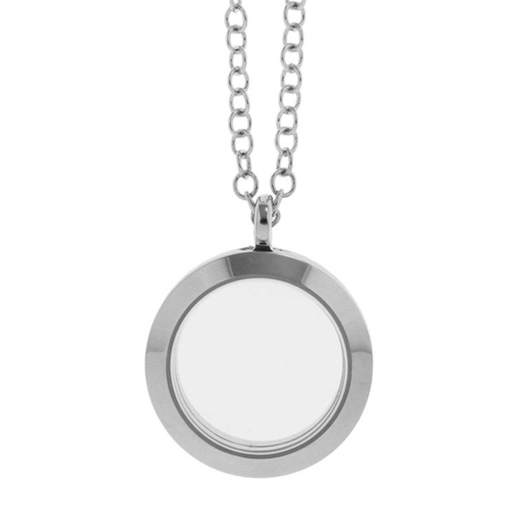 Round Glass 25mm Living Memory Locket Necklace Rhodium Plated
