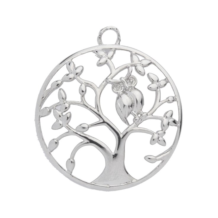 Tree with Owl 31mm Cage Pendant Silver Plated