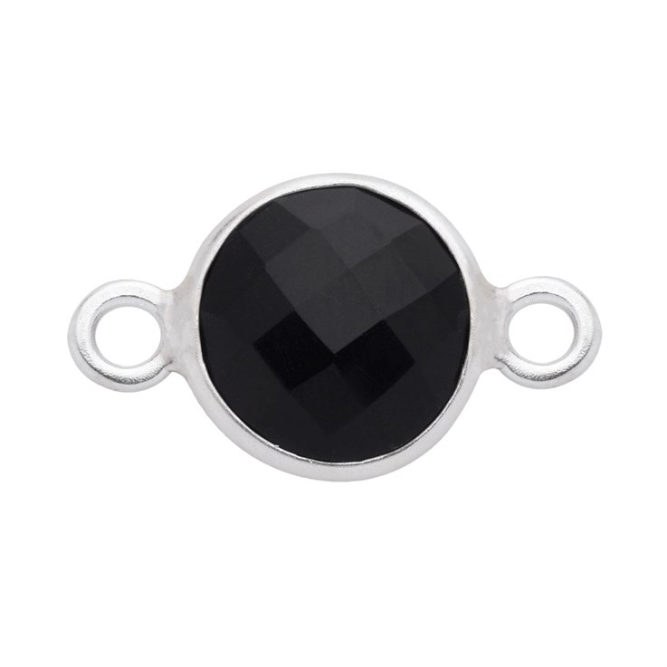 Black Onyx Facet 11.5mm Round Bezel Set Connector Charm Sterling Silver
