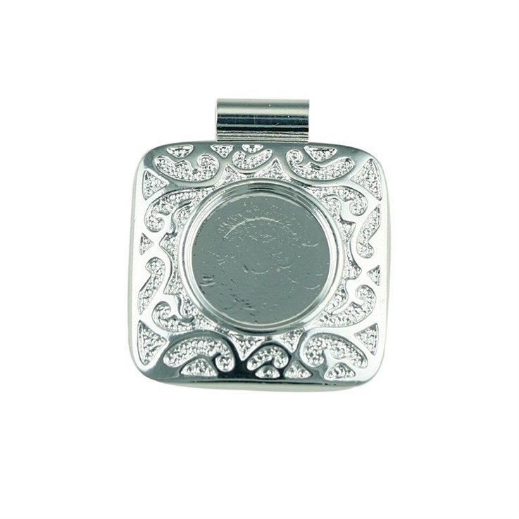 Square Fancy Pendant with 12mm Cup for Cabochon Silver Plated
