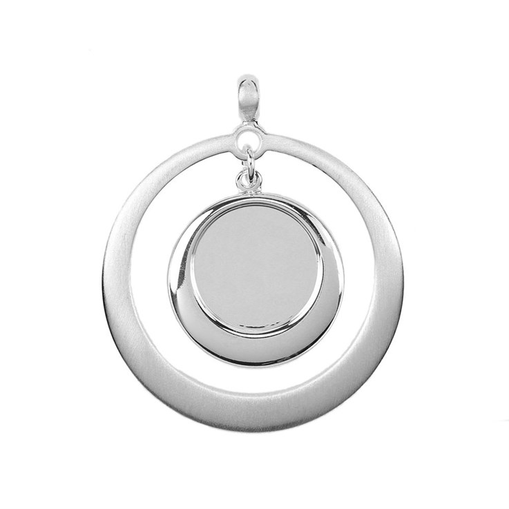 Round Satin Pendant with Shiny 15mm Cup for Cabochon Silver Plated