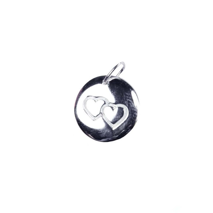 Disc Charm Pendant with Two Hearts 12mm Sterling Silver (STS)