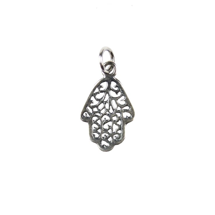 Antiqued Hamsa Hand Charm Pendant Silver Plated