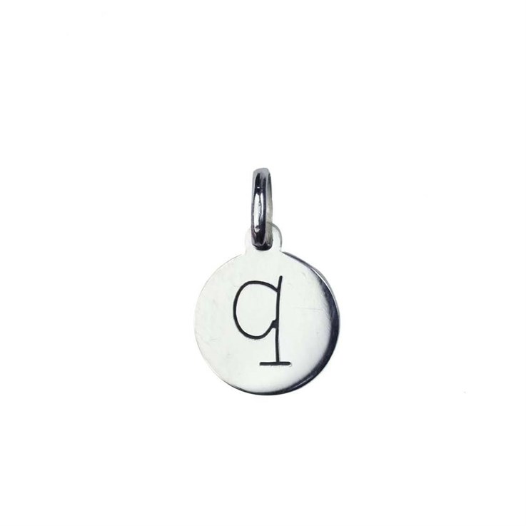 12mm Disc Charm Pendant with Lowercase Initial q Sterling Silver (STS)