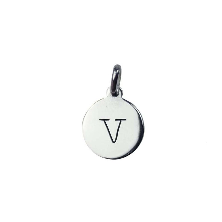 12mm Disc Charm Pendant with Lowercase Initial v Sterling Silver (STS)