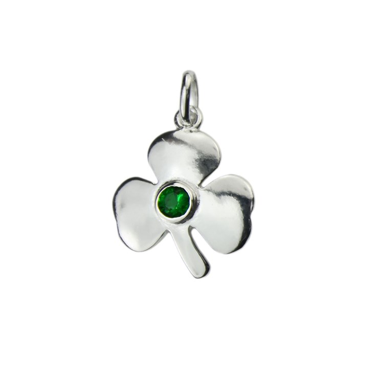 Shamrock Charm Pendant with 4mm Green Cubic Zirconia 16mm Sterling Silver (STS)