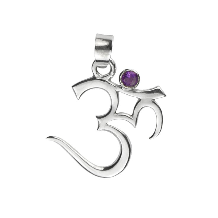 Om Symbol Amethyst Facet 23mm Pendant with Bail Sterling Silver