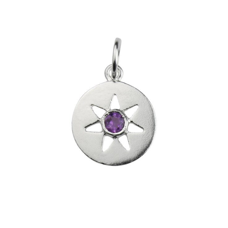 Amethyst Facet Disc Pendant with Star Cut Out 17mm Sterling Silver