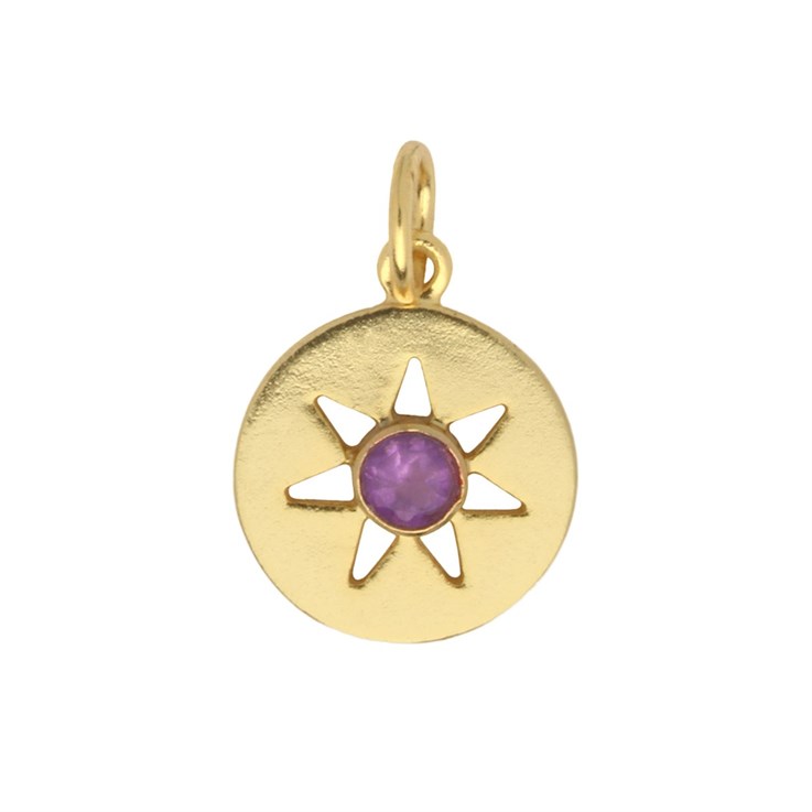 Disc Pendant 17mm Star Cut Out with Amethyst Facet Gold Plated Vermeil Sterling Silver