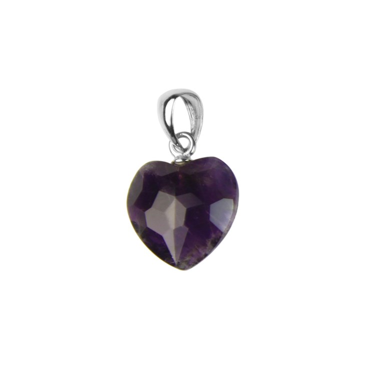 Amethyst Facet Gemstone Heart 12mm Pendant with Bail Sterling Silver