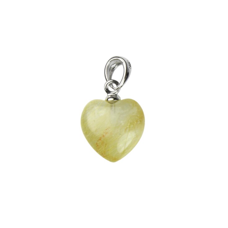 Gold Rutilated Quartz Smooth Gemstone Heart Pendant with Bail 12mm Sterling Silver
