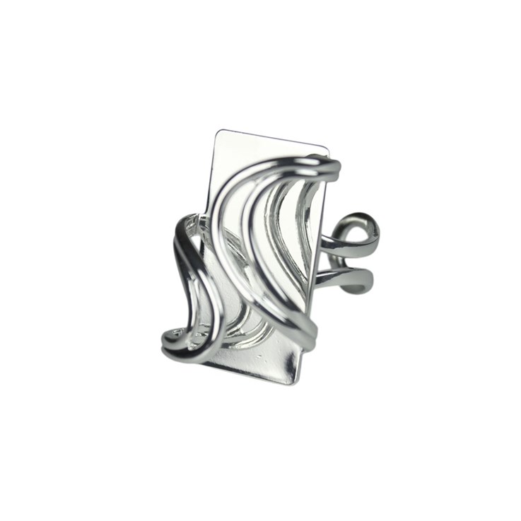 Adjustable Ring Fancy Swirls with 29x15mm Rectangle Flat Pad for Cabochon Silver Plated