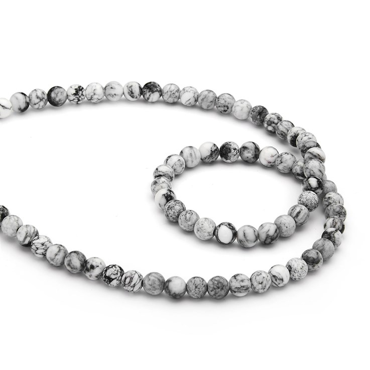6mm Round gemstone bead White Agate with Heavy Veining Polished 40cm strand