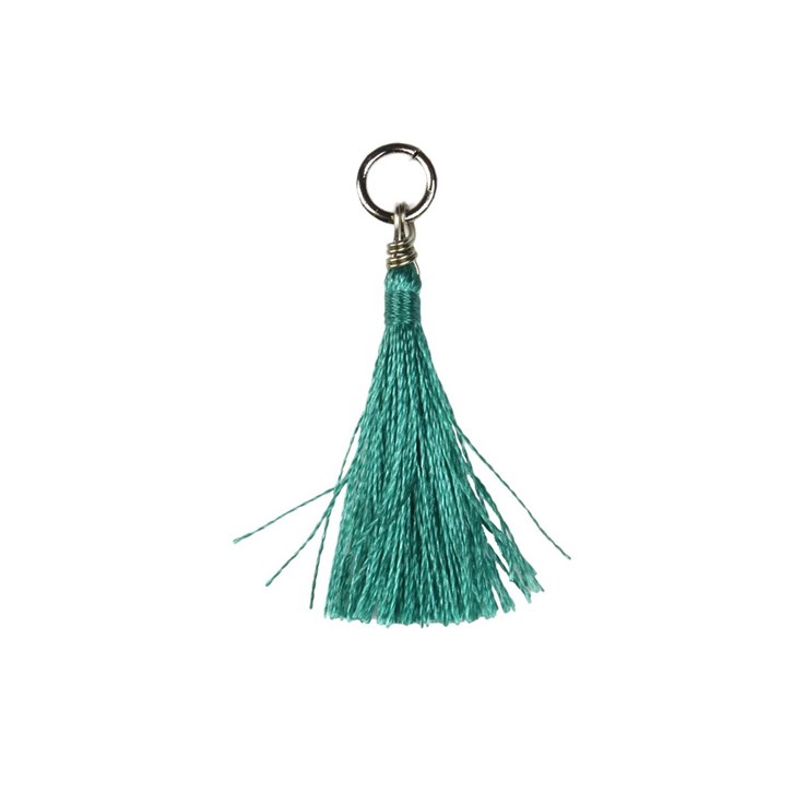 Mini Cotton Tassel Teal 25mm Long with Rhodium Plated Ring