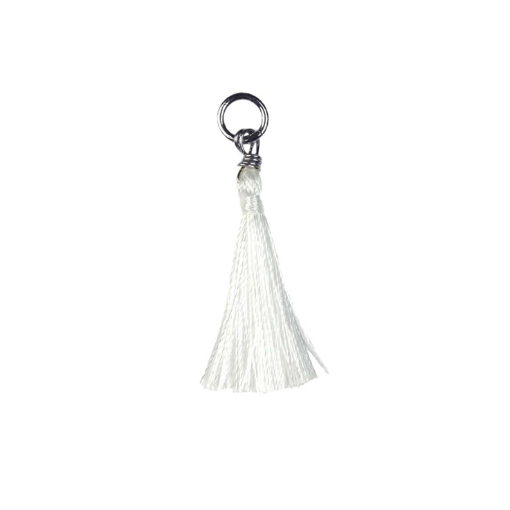 Mini Cotton Tassel White 25mm Long with Rhodium Plated Ring