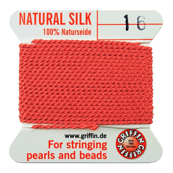 Griffin Natural Silk Beading Thread (1.05mm No.16) + Needle Coral 2 metres NETT