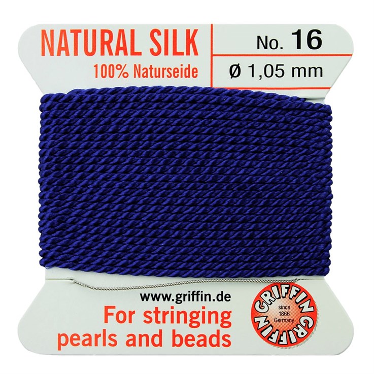 Griffin Natural Silk Beading Thread (1.05mm No.16) + Needle Dark Blue 2 metres NETT