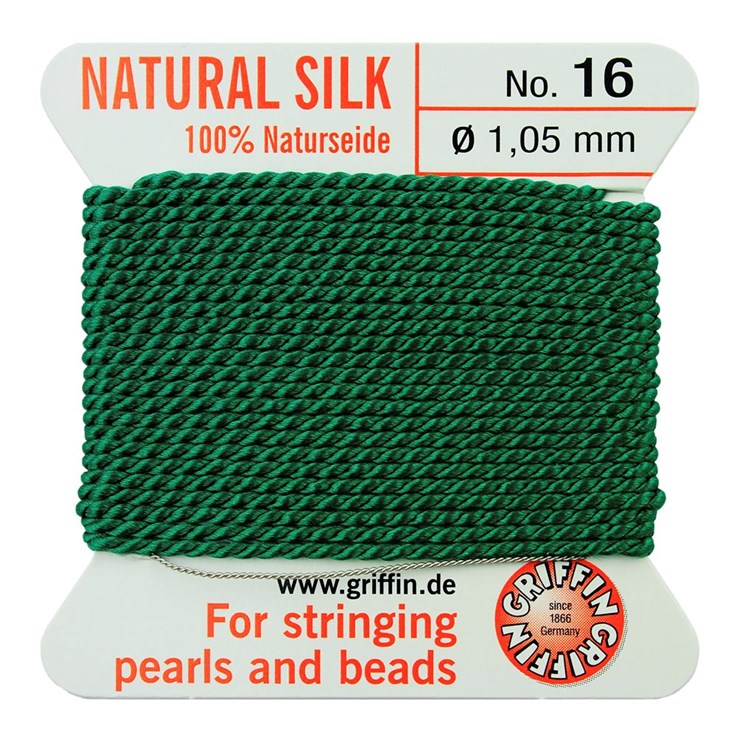 Griffin Natural Silk Beading Thread (1.05mm No.16) + Needle Green 2 metres NETT