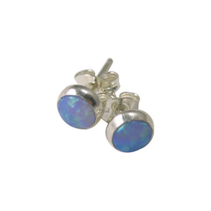 Round 5mm Sterling Silver and Manmade Blue Opal Earstud Earrings