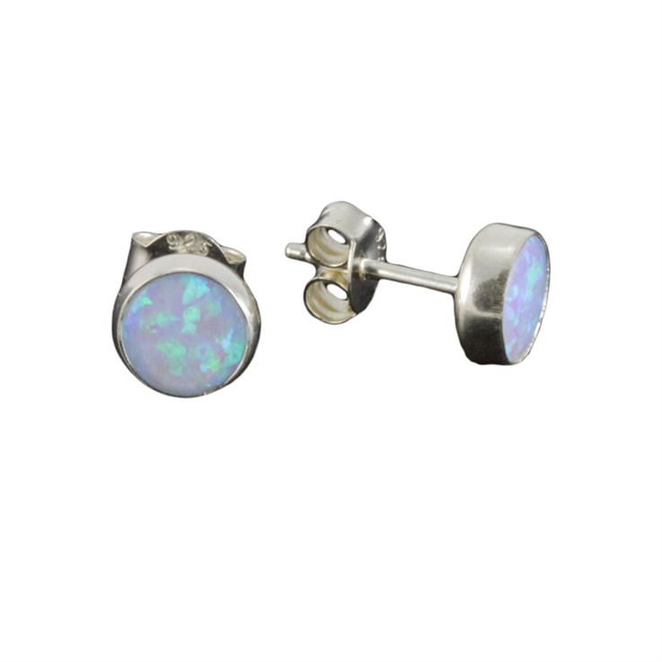 Round 6mm Sterling Silver and Manmade Blue Opal Earstud Earrings