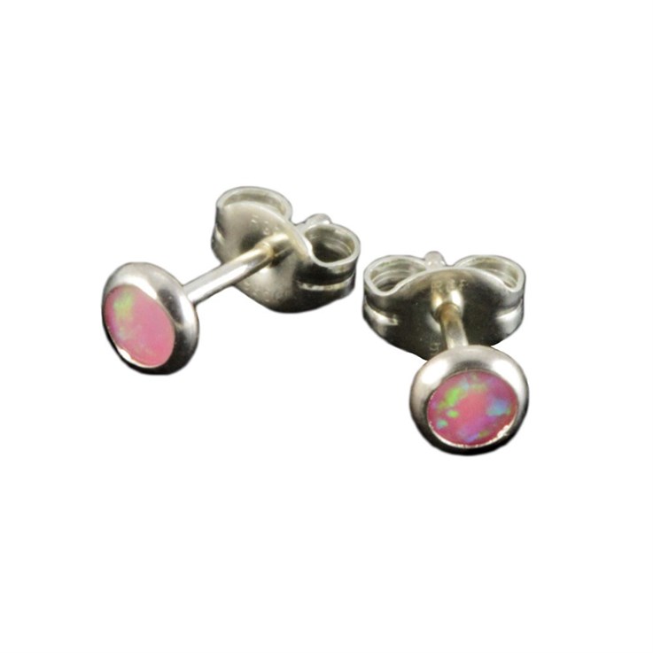 Round 4mm Sterling Silver and Manmade Pink Opal Earstud Earrings