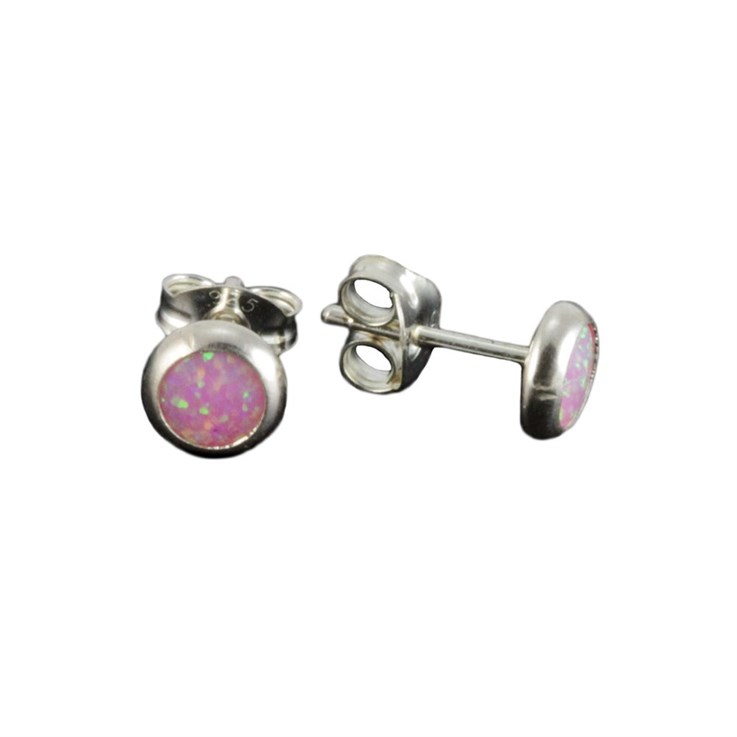 Round 5mm Sterling Silver and Manmade Pink Opal Earstud Earrings