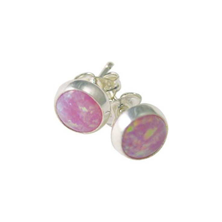 Round 6mm Sterling Silver and Manmade Pink Opal Earstud Earrings