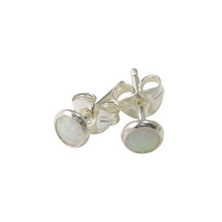 Round 4mm Sterling Silver and Manmade White Opal Earstud Earrings