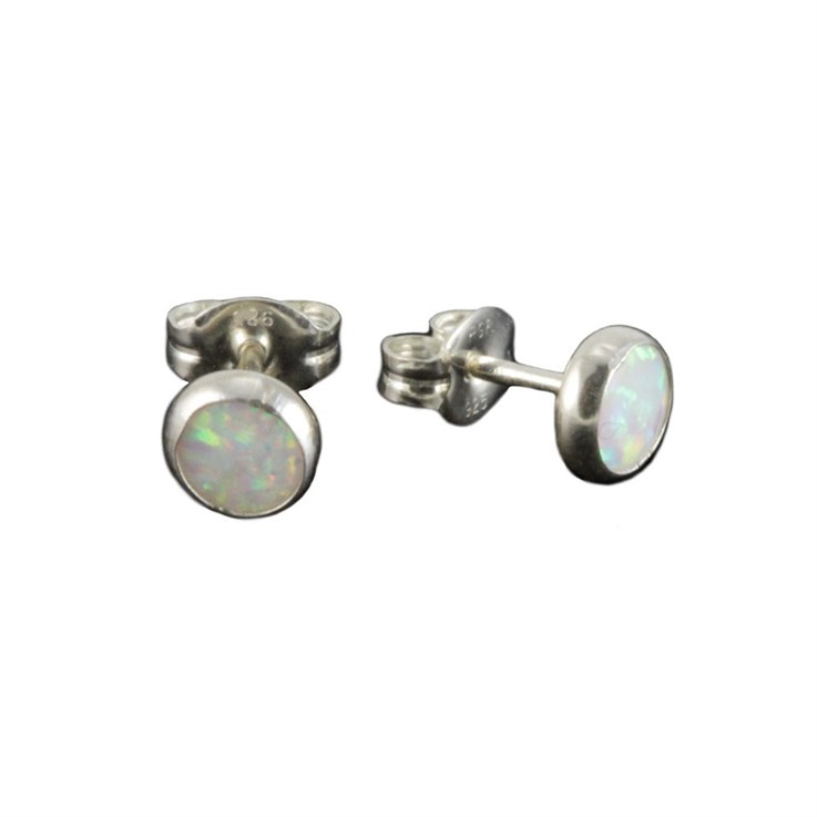 Round 5mm Sterling Silver and Manmade White Opal Earstud Earrings