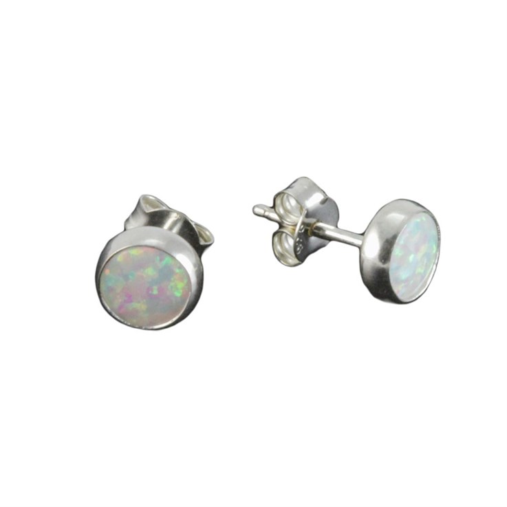 Round 6mm Sterling Silver and Manmade White Opal Earstud Earrings