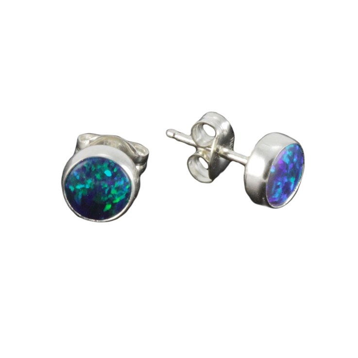 Round 6mm Sterling Silver and Manmade Green Opal Earstud Earrings
