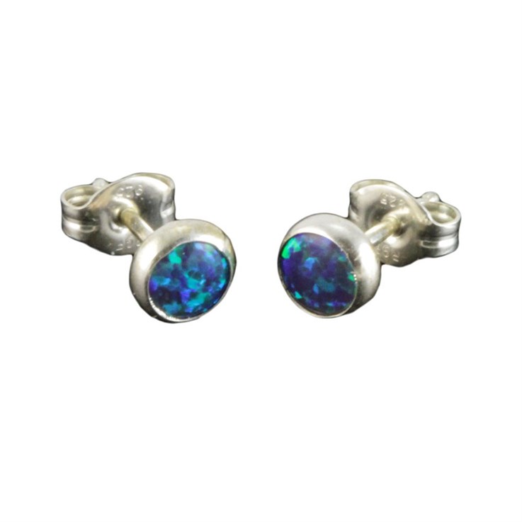 Round 5mm Sterling Silver and Manmade Green Opal Earstud Earrings