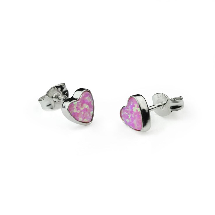 Heart Shape 6mm Sterling Silver and Manmade Pink Opal Earstuds