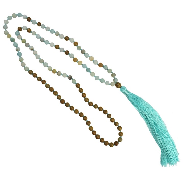Mala Necklace with 6mm Frosted Amazonite  Beads & Tassel 80cm Long