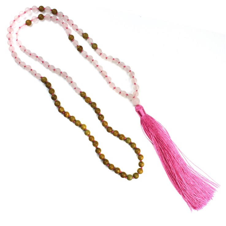 Mala Necklace with 6mm Frosted Rose Quartz  Beads & Tassel 80cm Long