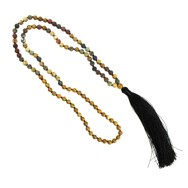 Mala Necklace with 6mm Frosted Picasso Jasper Beads & Tassel 80cm Long