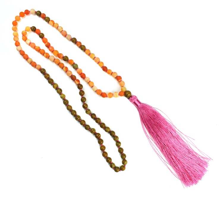 Mala Necklace with 6mm Frosted Cracked Agate Beads & Tassel 80cm Long