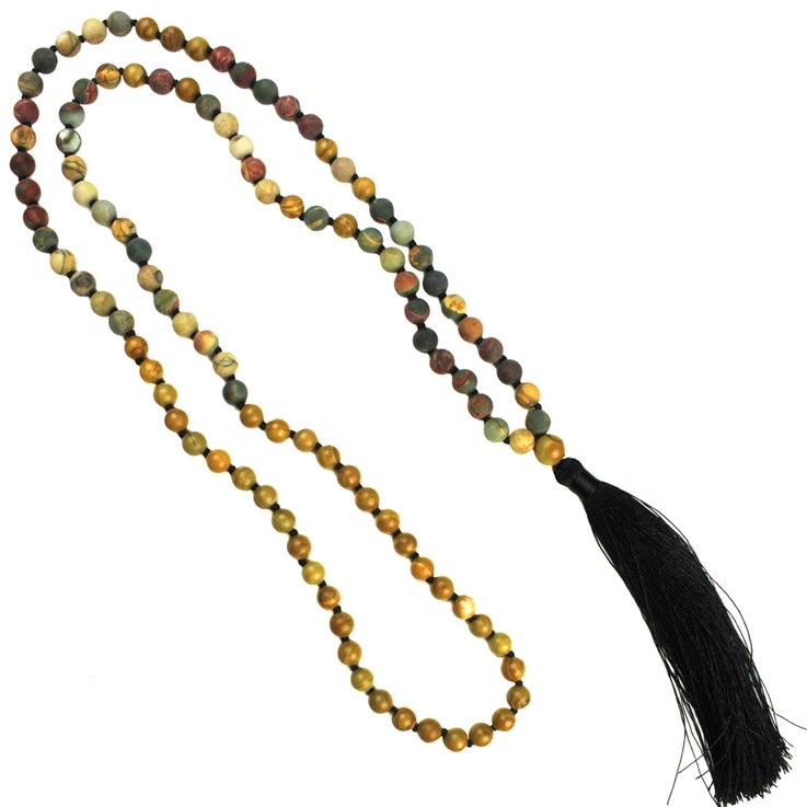 Mala Necklace with 8mm Frosted Picasso Jasper Beads & Tassel 80cm Long