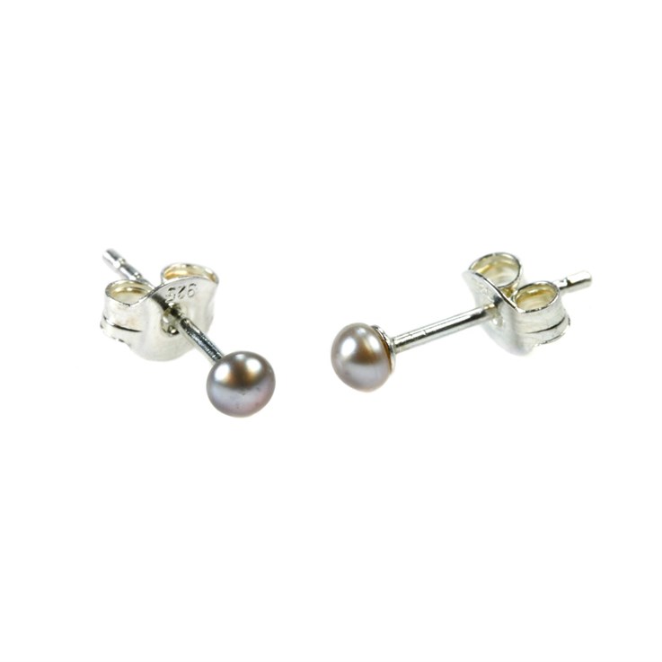 3-3.5mm Button Pearl Stud Earring with Sterling Silver Fittings in Silver Grey