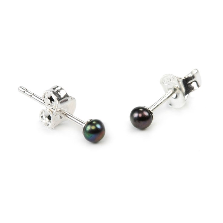 3-3.5mm Button Pearl Stud Earring with Sterling Silver Fittings in Peacock