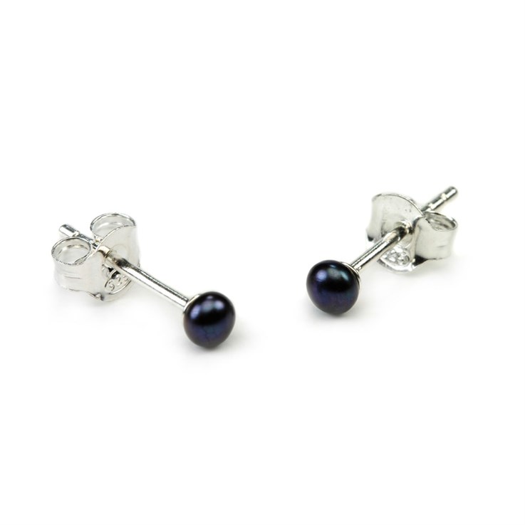 3-3.5mm Button Pearl Stud Earring with Sterling Silver Fittings in Black