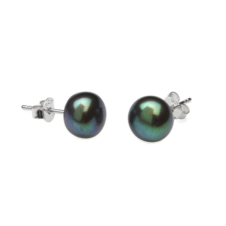 9-9.5mm Button Pearl Stud Earring with Sterling Silver Fittings in Peacock