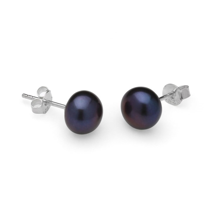 9-9.5mm Button Pearl Stud Earring with Sterling Silver Fittings in Black