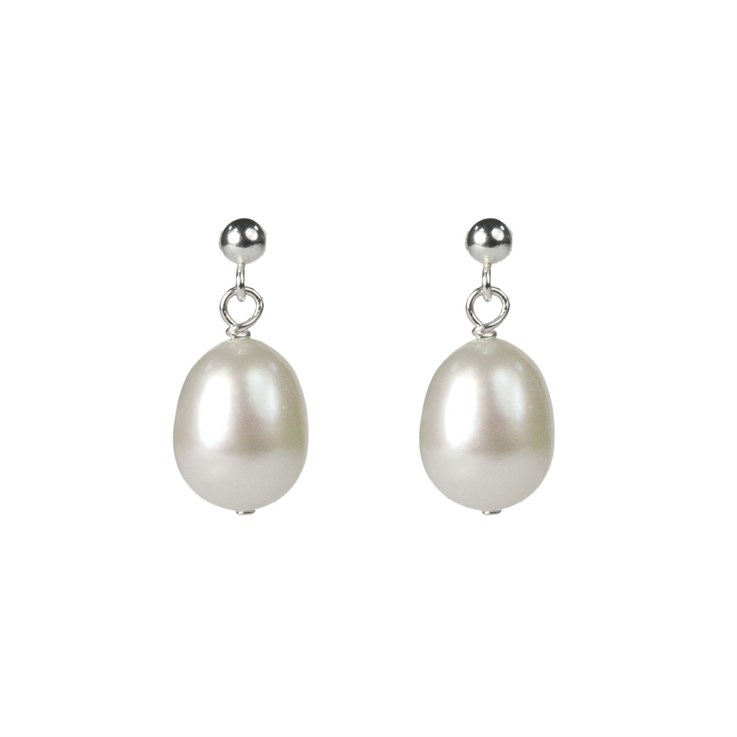 8.5-9mm Rice Pearl Eardrop Earring with Sterling Silver Fittings White