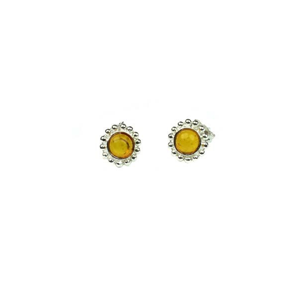 Fancy Studded Edge Earrings Sterling Silver with Amber