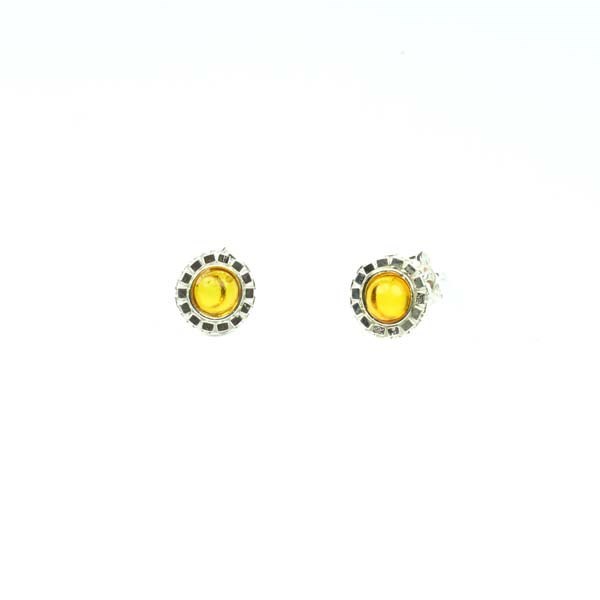 Fancy Fluted Edge Earrings Sterling Silver with Amber